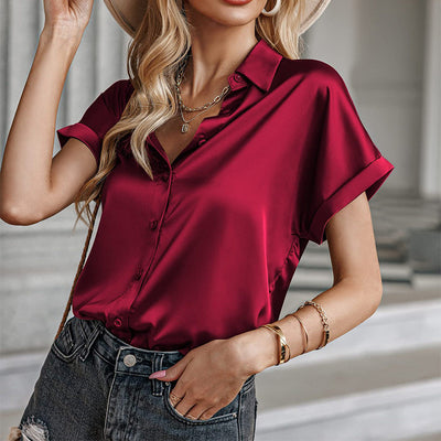 Lapel Button Short Sleeve Shirt Summer Casual Loose Solid Color Beach Top For Womens Clothing