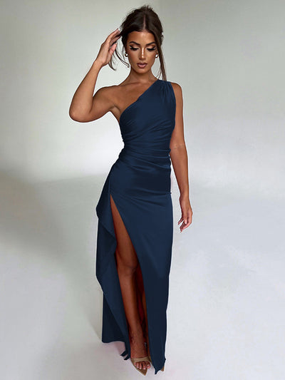 One-shoulder Pleated Split Satin Dress Elegant Slim-fit Solid Color