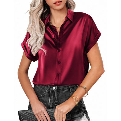 Lapel Button Short Sleeve Shirt Summer Casual Loose Solid Color Beach Top For Womens Clothing