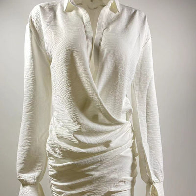 White Long-sleeved V-neck Shirt Sexy INS Fashion Linen Short Dress For Women