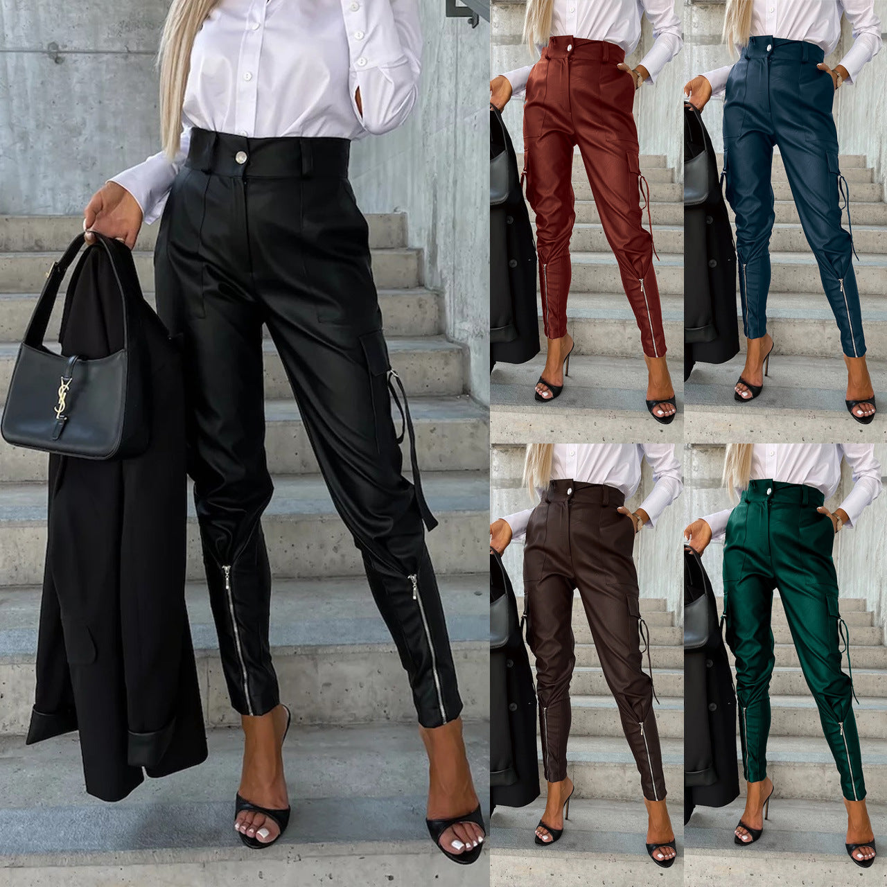 Fashion Slim-fitting Leather Trousers Women Waist-cinching Zipper Design Pants With Pockets