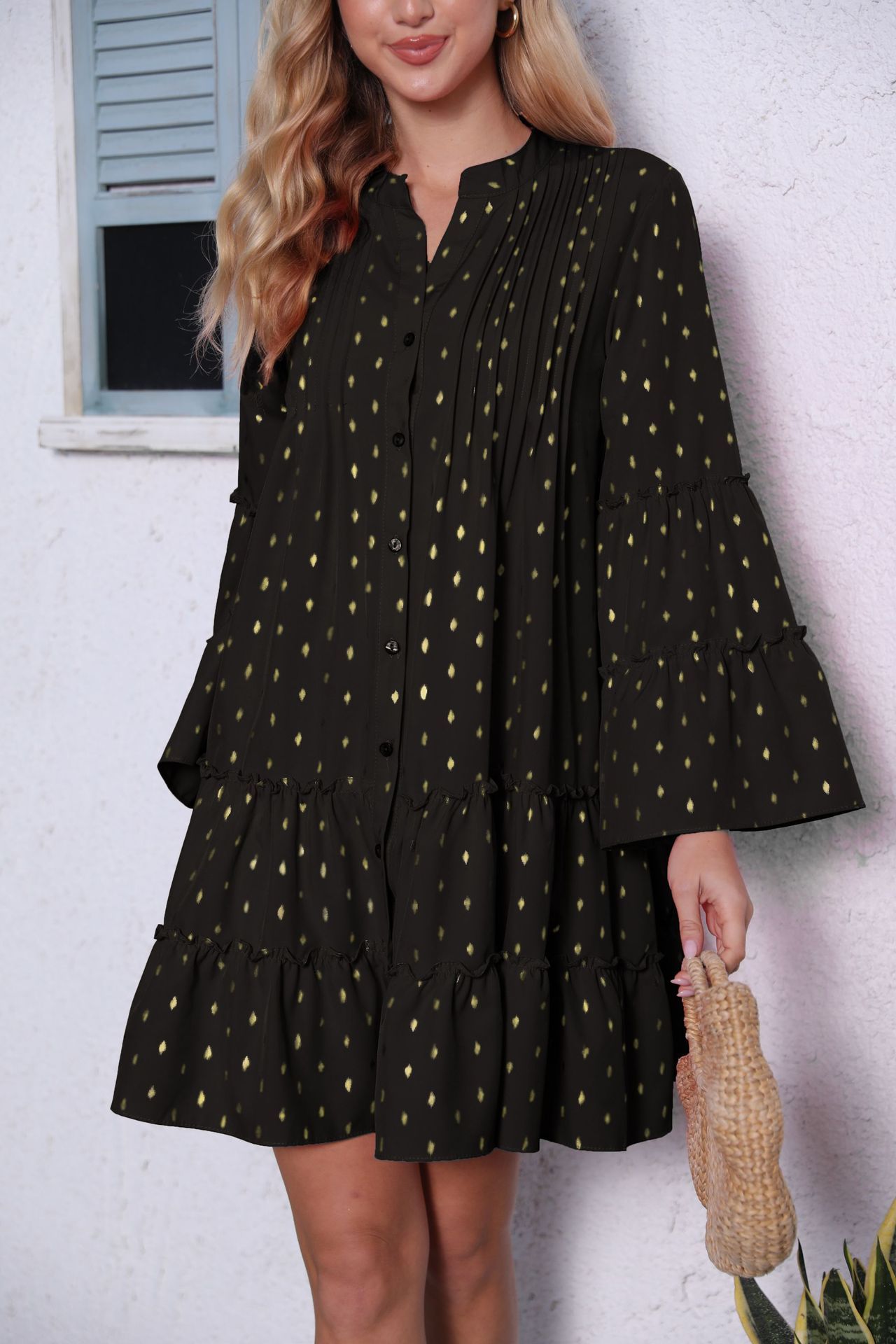 New Printed Bronzing Pleated Flared Long Sleeve Dress Summer Button Design Loose Dresses Fashion Womens Clothing
