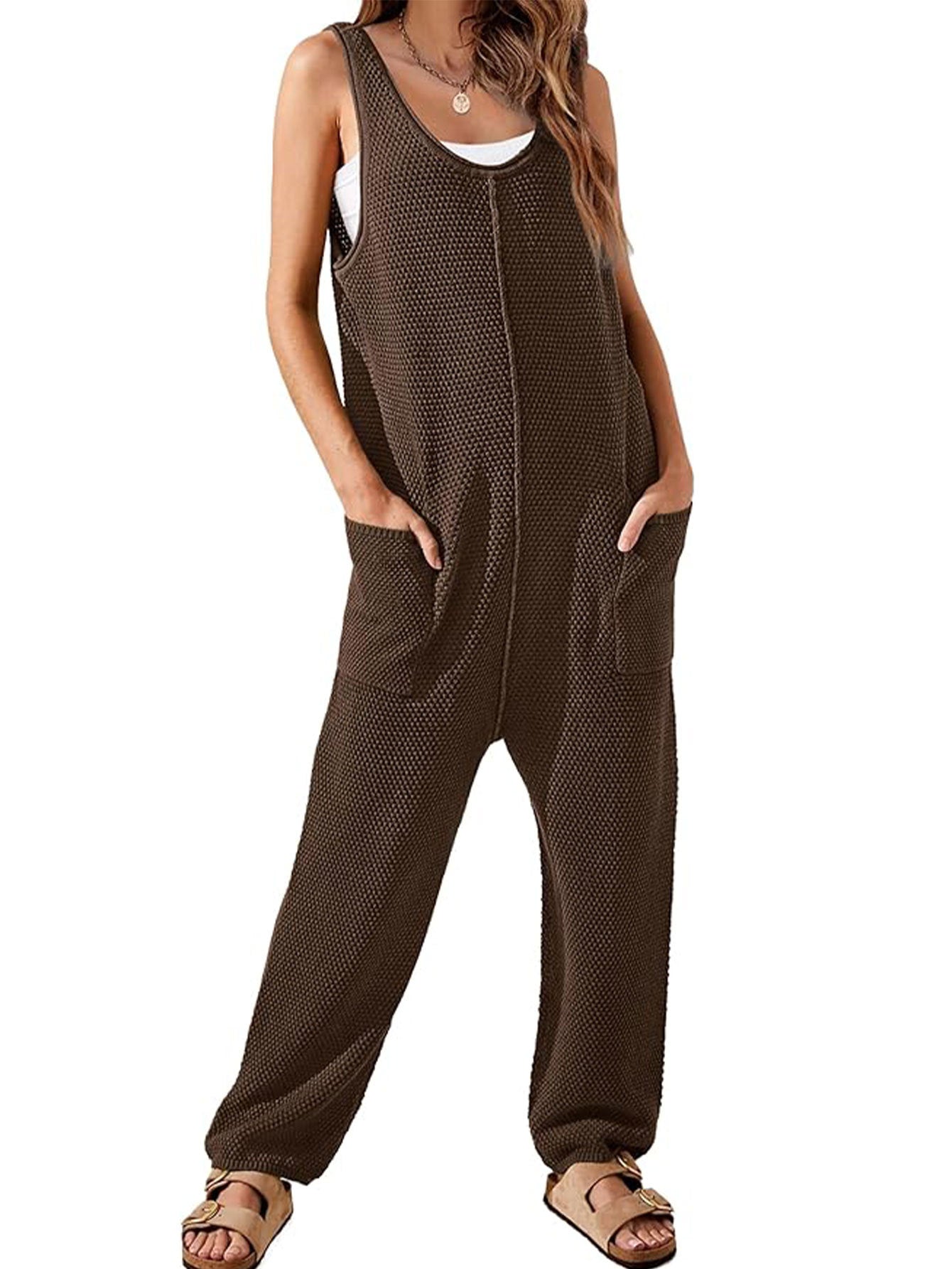 Women's Waffle Jumpsuit Casual Loose Sleeveless V Neck Jumpsuit Double Pocket Cargo Pants