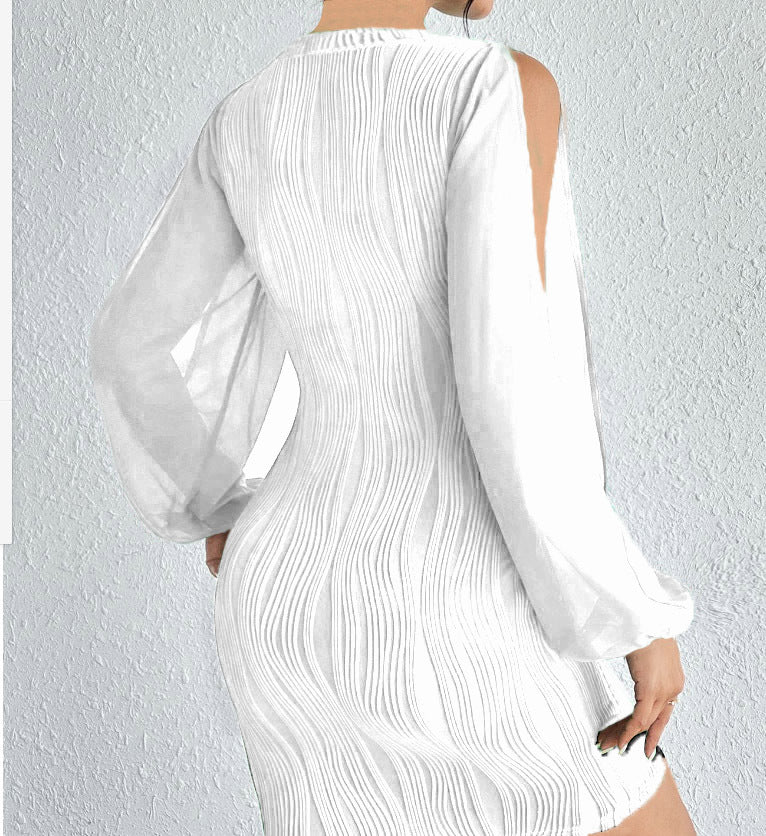 Slimming V-neck Dress Women Fashion Long Sleeve Solid Color Short Dress