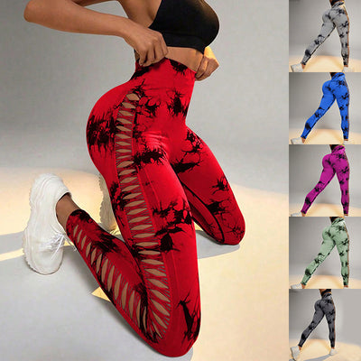 Hollow Tie Dye Printed Yoga Pants High Waist Butt Lift Seamless Sports Gym Fitness Leggings Slim Pants For Women Tight Trousers