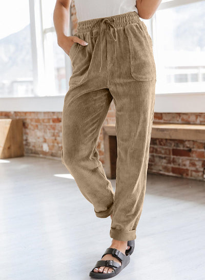 Corduroy Trousers For Women Casual Fashion Solid Color Elastic Waist Wide Leg Pants With Pockets