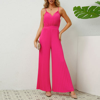V-neck Suspender Pleated Jumpsuit Solid Color Loose Straight Pants Womens Clothing