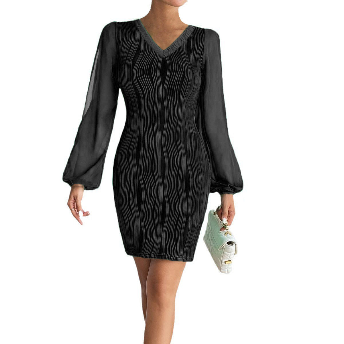 Slimming V-neck Dress Women Fashion Long Sleeve Solid Color Short Dress