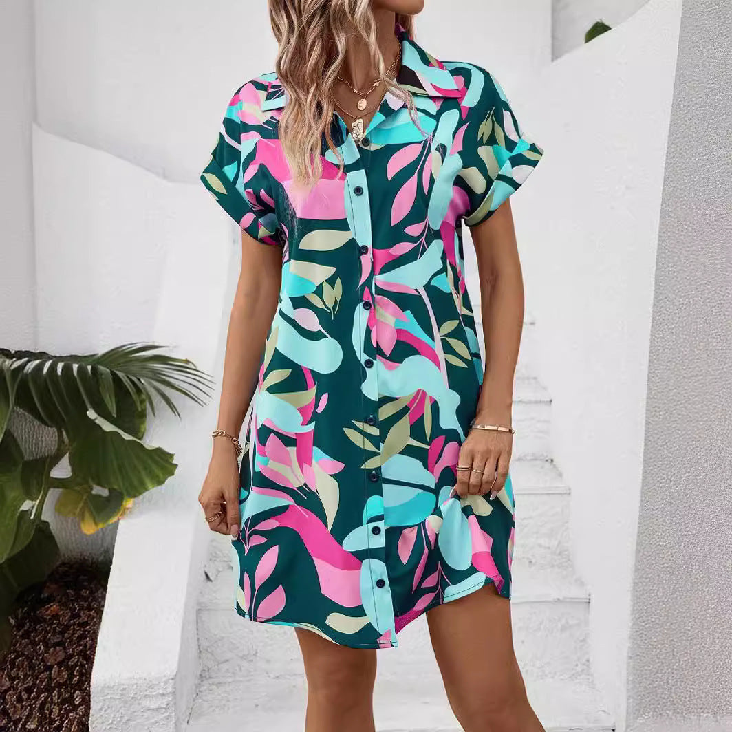 New Floral Print Short Sleeve Shirt Dress Summer Fashion Lapel Loose A-line Dresses For Womens Clothing