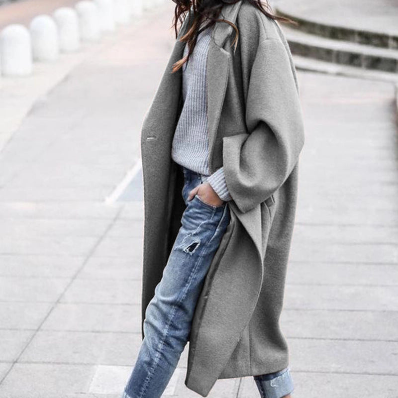 Casual Long Jacket With Pockets Solid Color Single Breasted Lapel Woolen Coat For Women Warm Winter Clothing