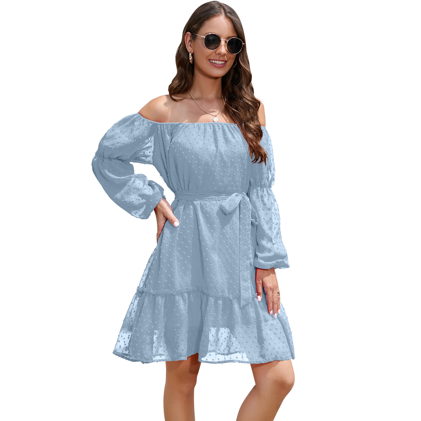 Fashion One-shoulder Long Sleeve Dress For Women Tie Waist Off-shoulder Bubble Dot Ruffle Design Chiffon Dress