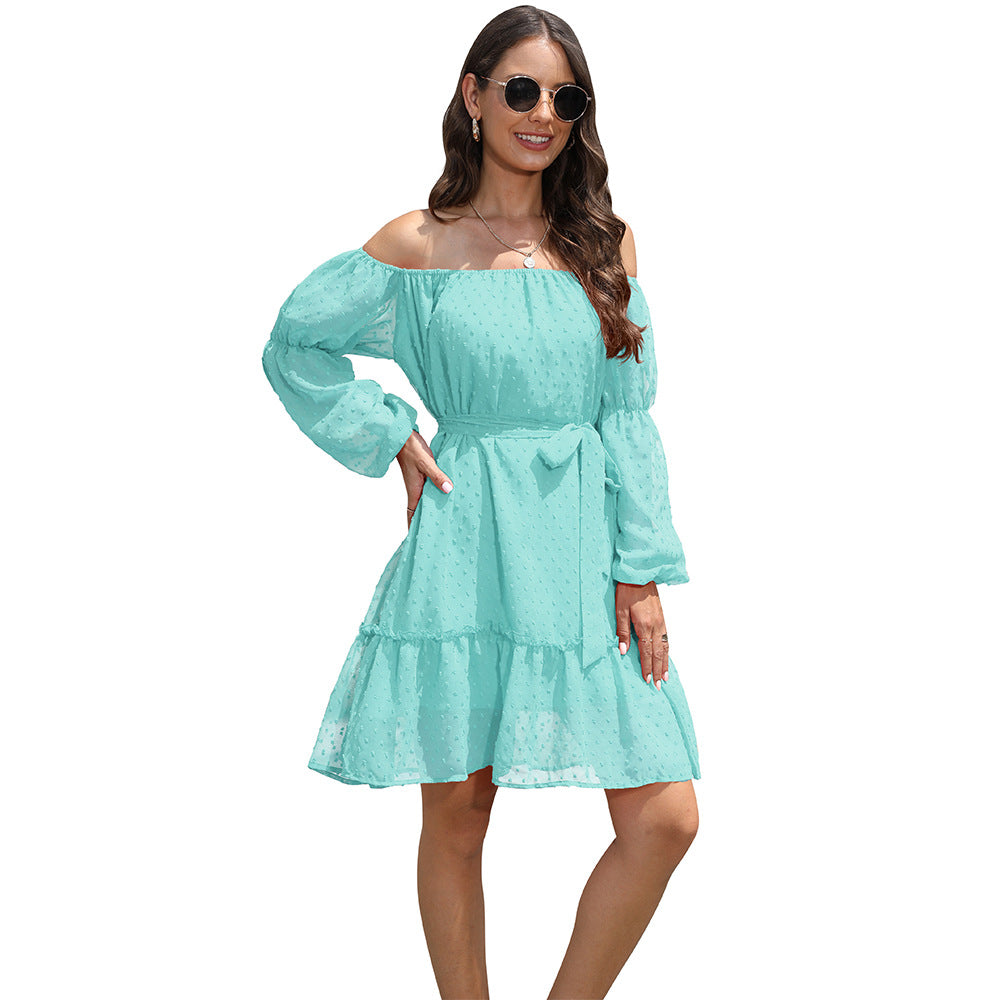 Fashion One-shoulder Long Sleeve Dress For Women Tie Waist Off-shoulder Bubble Dot Ruffle Design Chiffon Dress