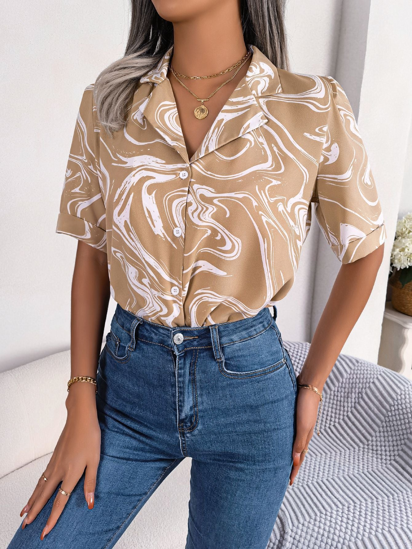 Fashion Tie Dye Printed Short Sleeve Shirt Summer Casual Lapel Shirt Tops For Womens Clothing