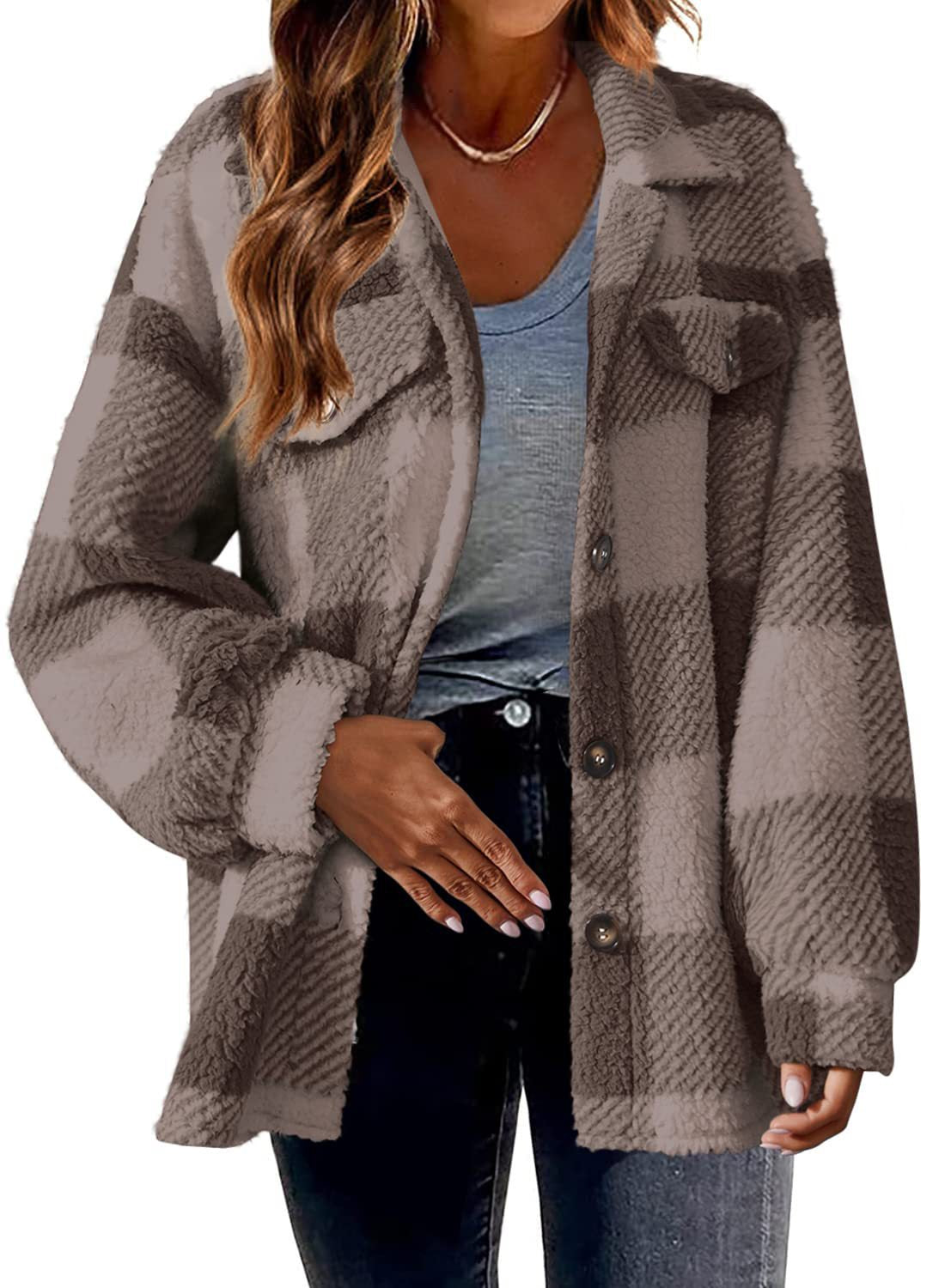 Turndown Collar Plaid Jacket With Pockets Single Breasted Button Down Woolen Jacket Autumn And Winter Clothes For Women