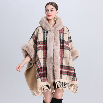 Loose Plaid Plus Cashmere Fur Collar Knitted Inverness