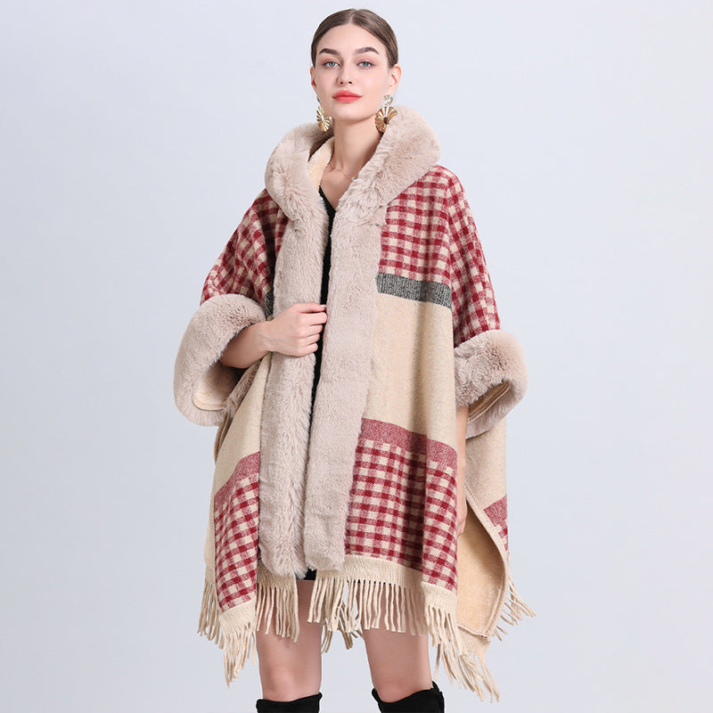 Loose Plaid Plus Cashmere Fur Collar Knitted Inverness