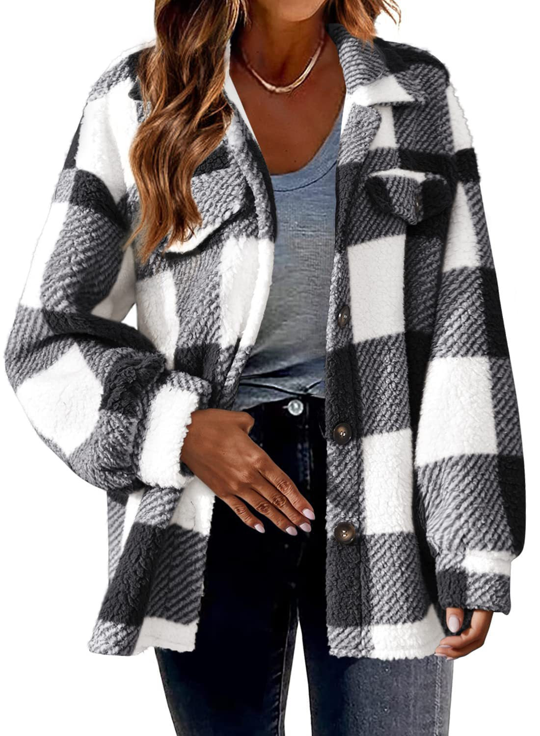 Turndown Collar Plaid Jacket With Pockets Single Breasted Button Down Woolen Jacket Autumn And Winter Clothes For Women