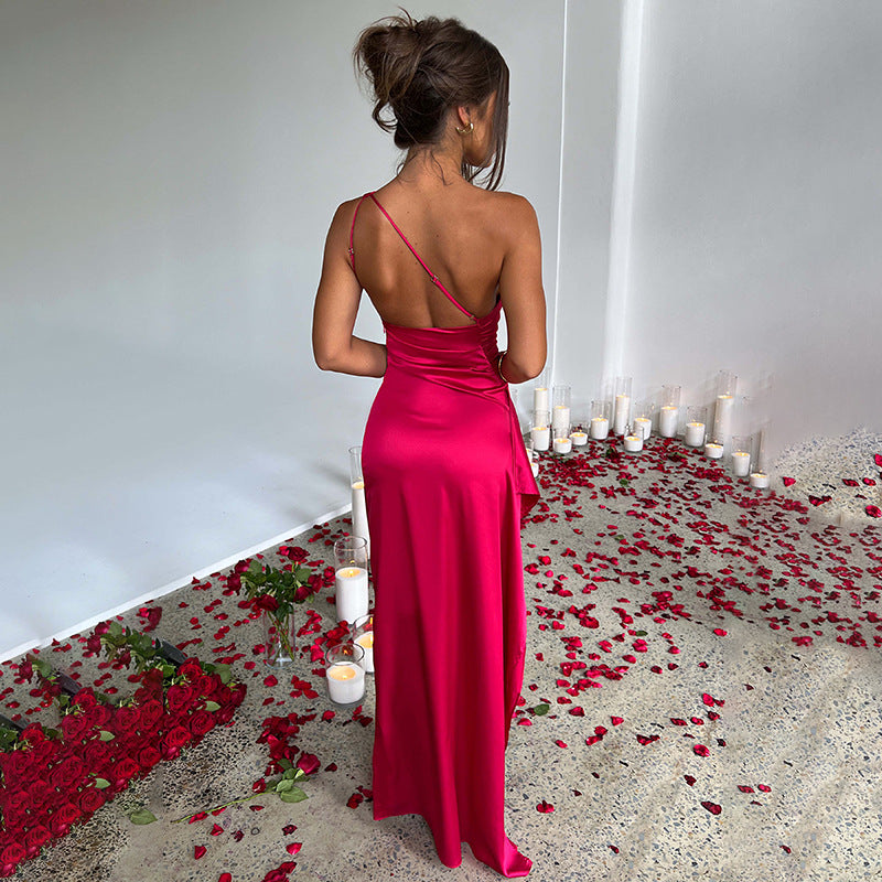 One-shoulder Pleated Split Satin Dress Elegant Slim-fit Solid Color
