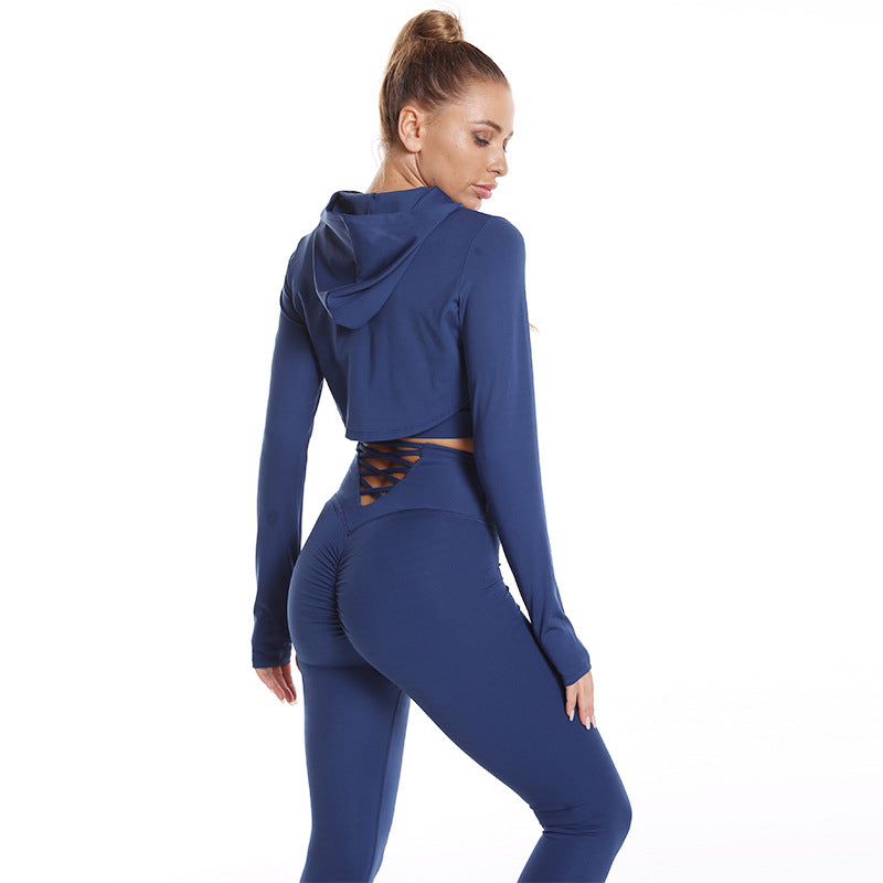3pcs Sports Suits Long Sleeve Hooded Top Hollow Design Camisole And Butt Lifting High Waist Seamless Fitness Leggings Sports Gym Outfits Clothing