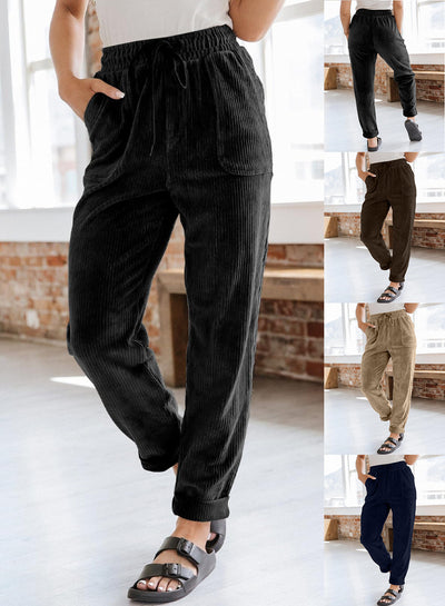 Corduroy Trousers For Women Casual Fashion Solid Color Elastic Waist Wide Leg Pants With Pockets
