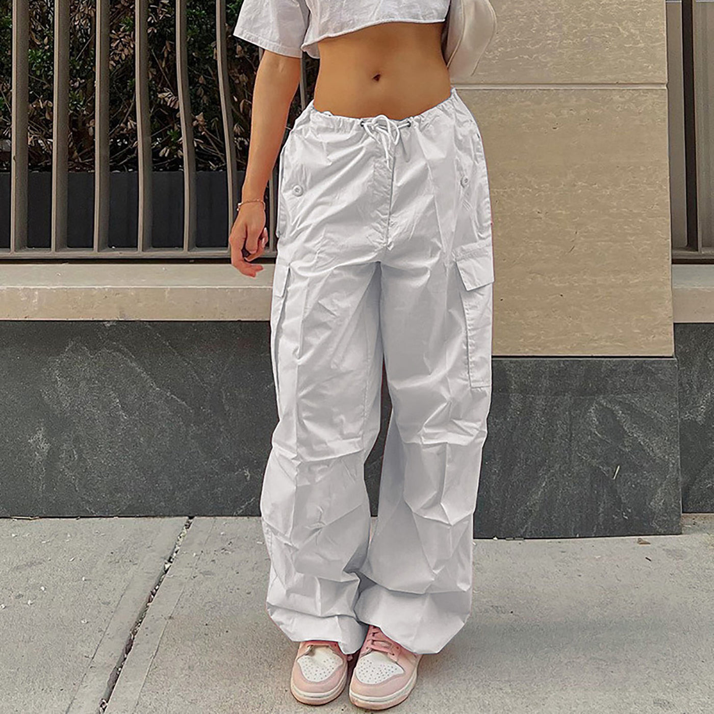 Casual Cargo Pants For Women Solid Color Drawstring Pocket Design Fashion Street Trousers Girls