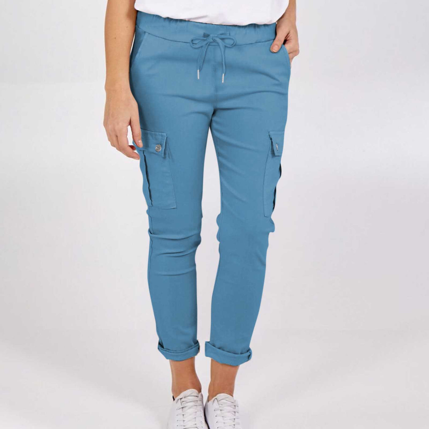 Casual Cargo Pants With Pockets Solid Color Drawstring Waist Pencil Trousers For Women