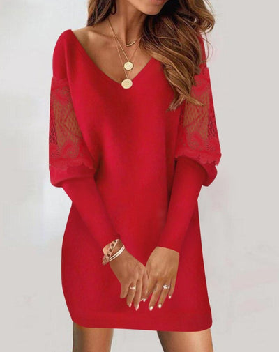 Long-sleeved V-neck Dress Spring And Autumn New Style Lace Splicing Dress For Womens Clothing