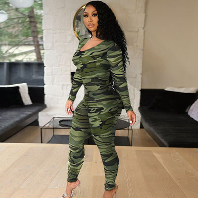 Long Sleeved Low Cut Tethered Large Size Tight Fitting Printed Jumpsuit Women