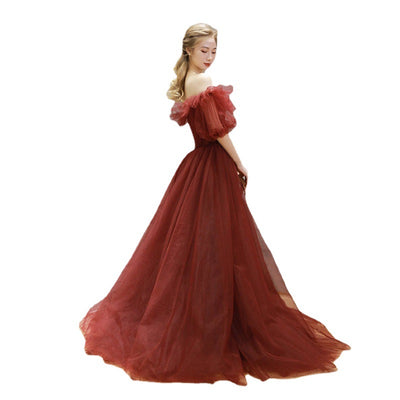 Red Tulle Off Shoulder Full Length Princess Ball Gown