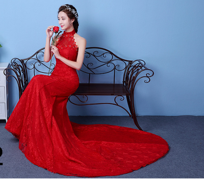 Big Red Large Size Waist Fishtail Evening Dress