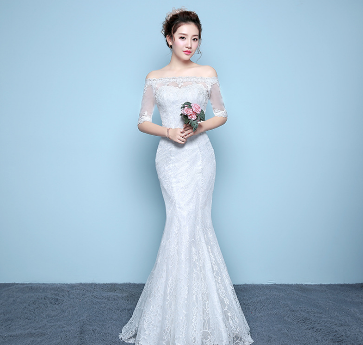 Fishtail Qi word shoulder wedding dress