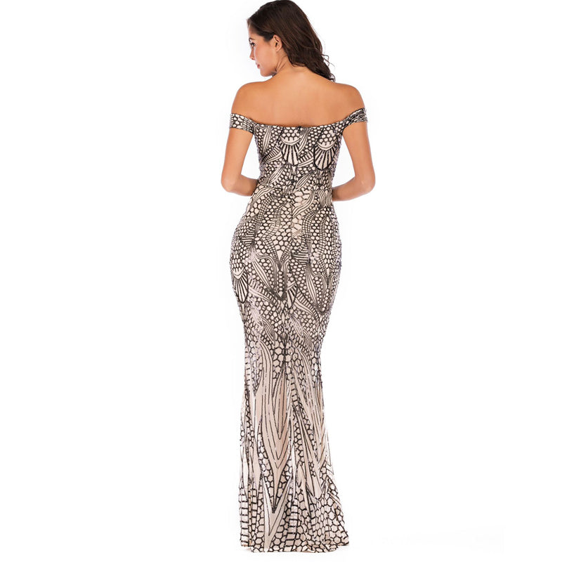 One-Line Neck Fish Scale Sequined Backless Slim Dress