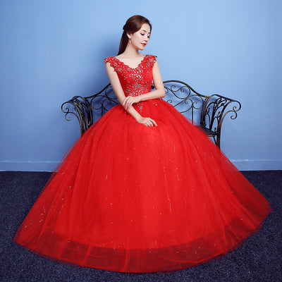 Red Double Shoulder Diamond Lace Wedding Dress