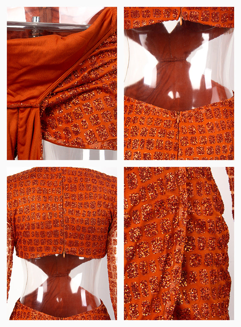 Long Sleeve Mini Skirt Orange Deep V-neck Hot Piece Party Dress