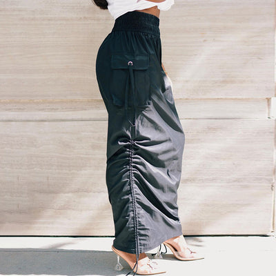 Workwear Elastic Waist Skirt With Smocked Pockets