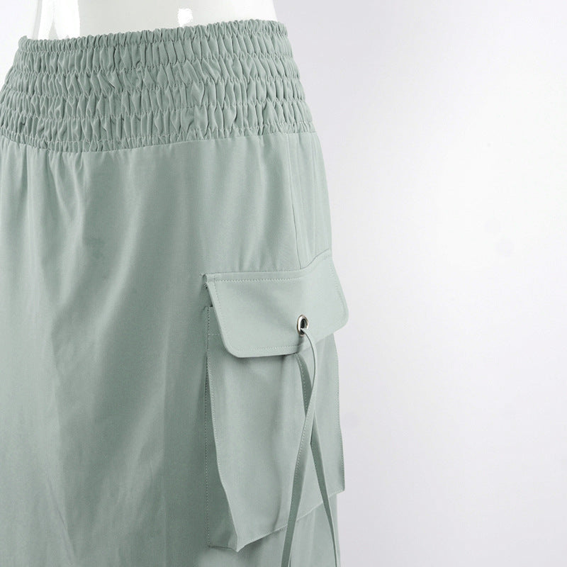 Workwear Elastic Waist Skirt With Smocked Pockets