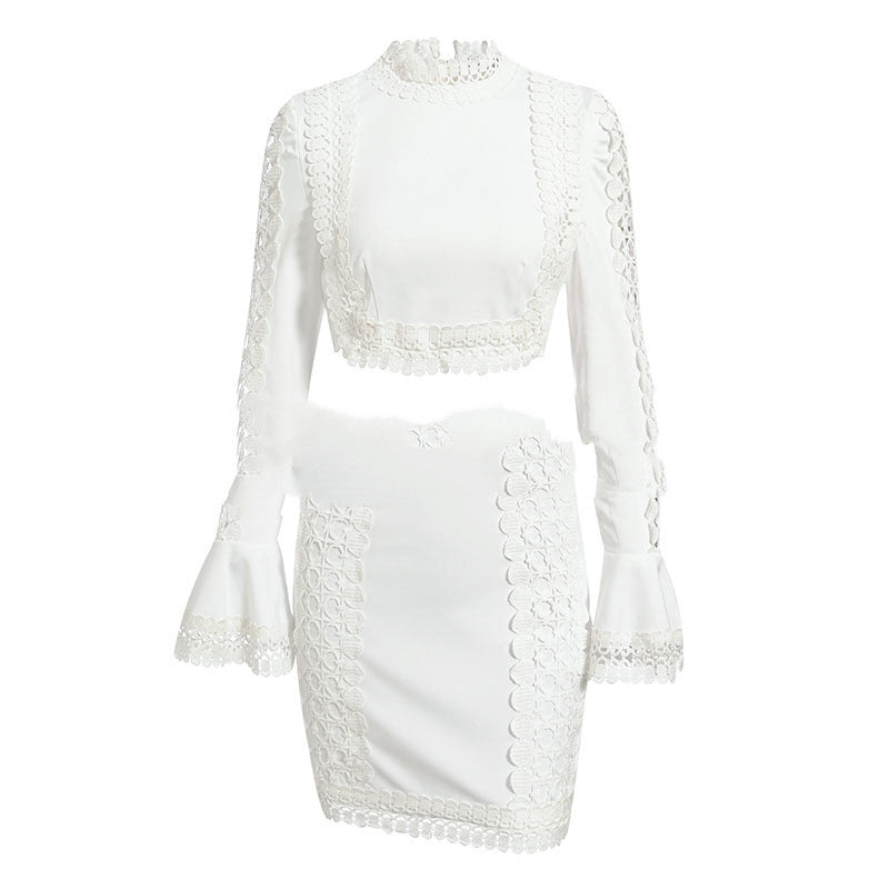 Summer New Skirt Two-piece Women's White Lace Flared Sleeve Top Short Skirt Suit