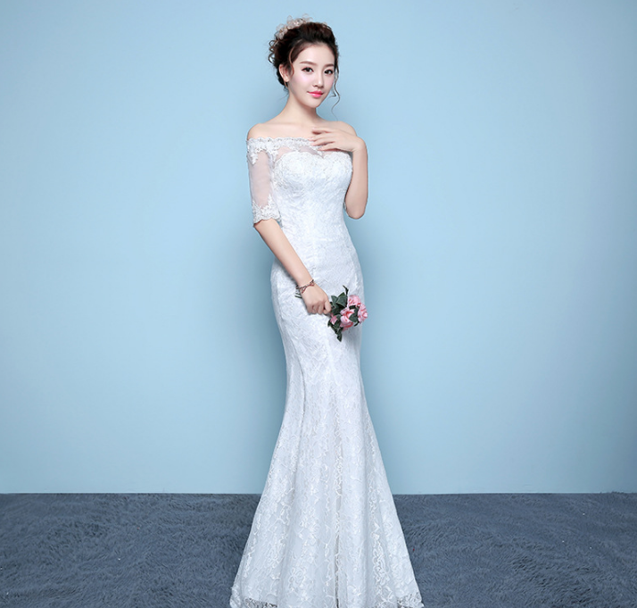 Fishtail Qi word shoulder wedding dress