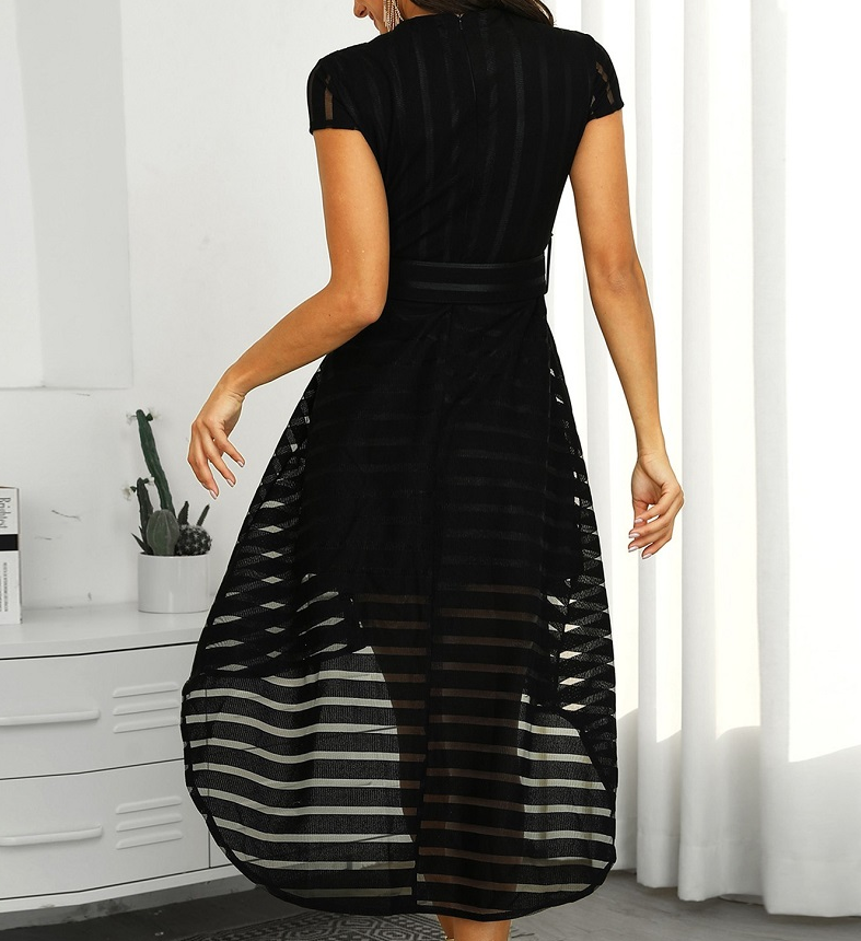 Belted Elegant Transparent Striped Asymmetrical Cocktail Dress