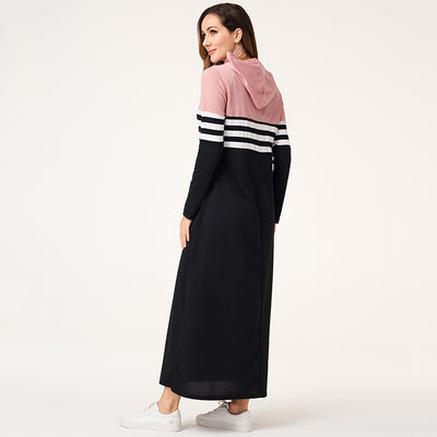 Women Hoodie Dresses Long Sleeve Striped Patchwork Casual