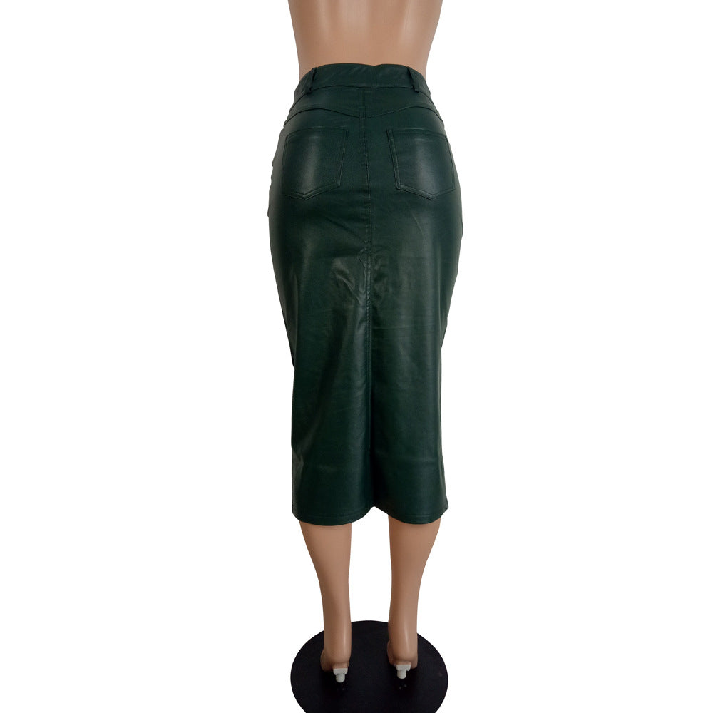 Ladies Slim Front Slit  Leather Skirt