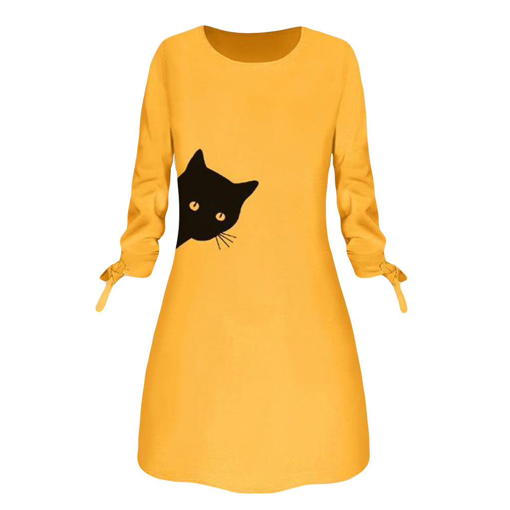 Women Elegant Dress Cat Print Bow O Neck Long Sleeve Party Mini Dress
