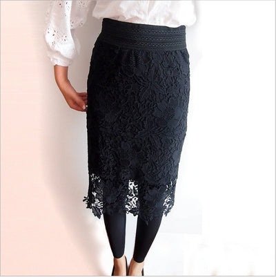 Elastic Waist High Waist Skirt Mid-length Milk Silk Hollow-out Lace Skirt