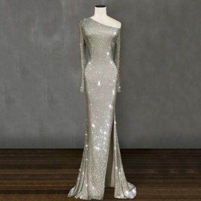 One Shoulder Asymmetric Sparkling Crystal Long Dress