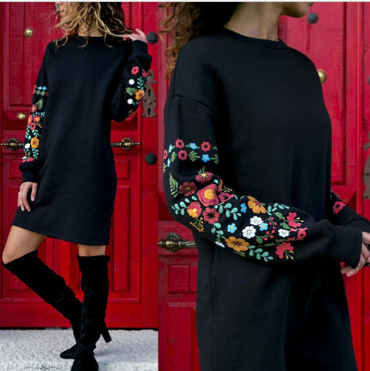 Women Casual Long Sleeve Floral Embroidery Dress