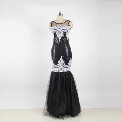 Sleeveless sequin mesh stitching banquet evening dress