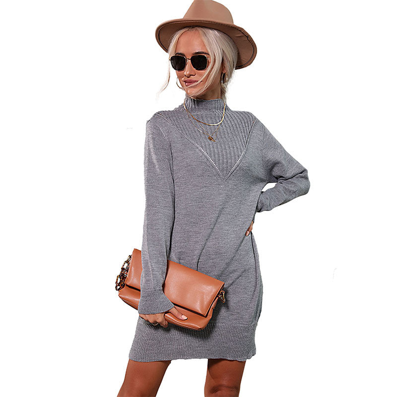 Women's Fashion Long Sleeve Solid Color Half Turtleneck Sweater Dress