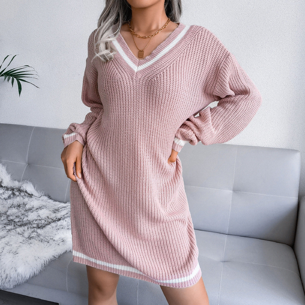 College Style V-neck Sweater Knit Dress