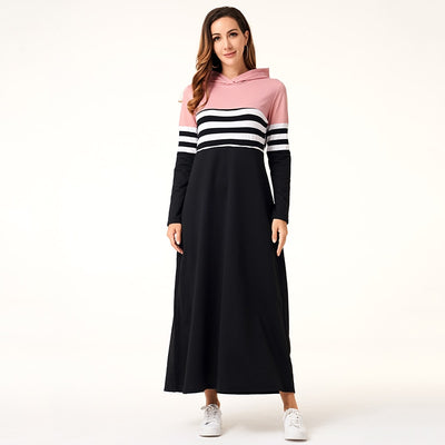 Women Hoodie Dresses Long Sleeve Striped Patchwork Casual