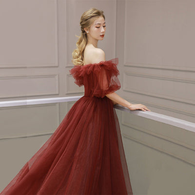 Red Tulle Off Shoulder Full Length Princess Ball Gown